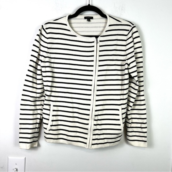 Talbots Sweaters - Talbots cream and black stripe full zip up cardigan womens size medium petite